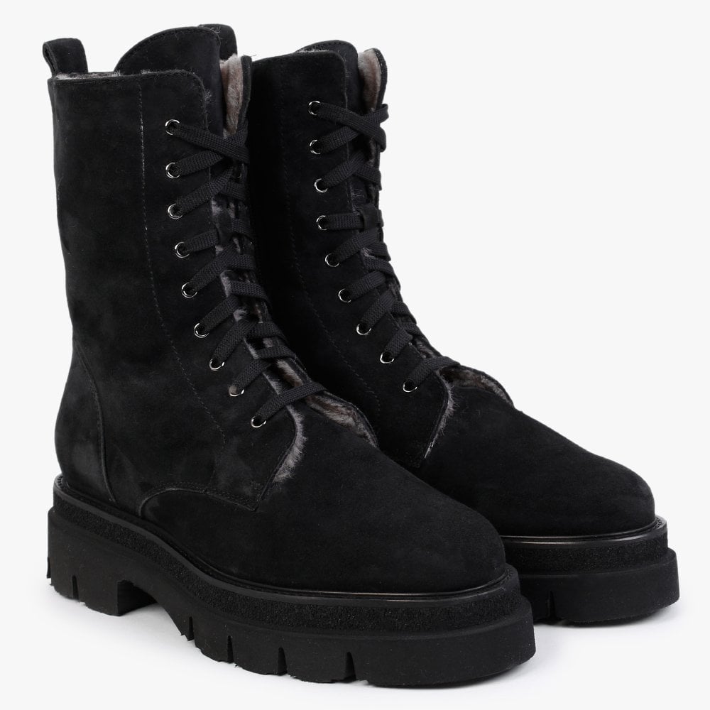 Black Suede Shearling Lined Calf Boots