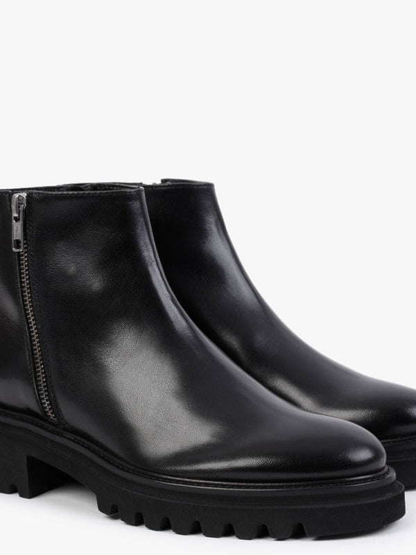Black Leather Double Zip Ankle Boots