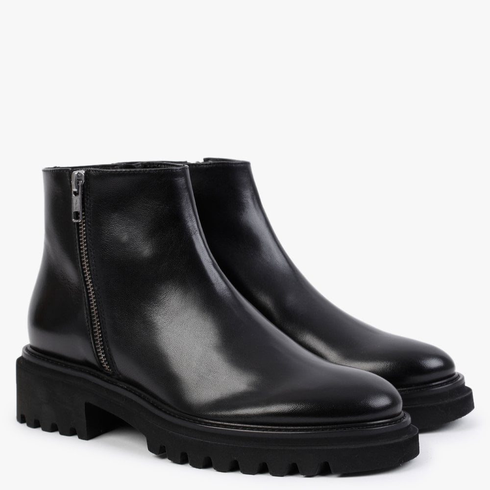Black Leather Double Zip Ankle Boots
