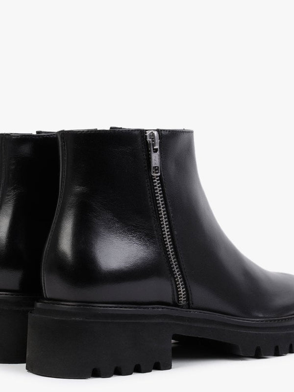 Black Leather Double Zip Ankle Boots