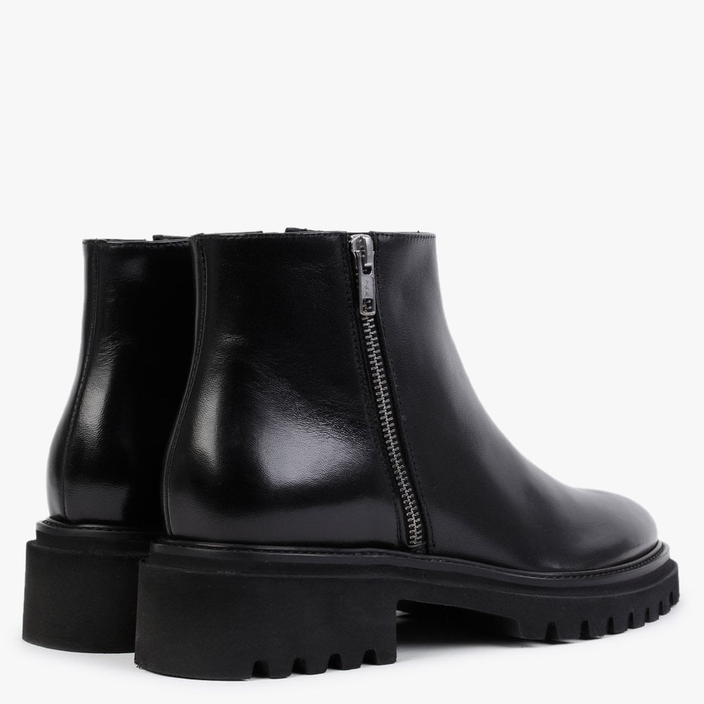 Black Leather Double Zip Ankle Boots