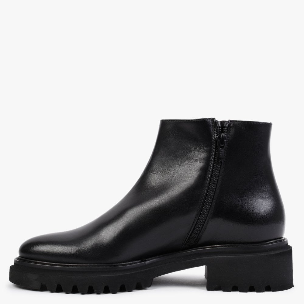 Black Leather Double Zip Ankle Boots