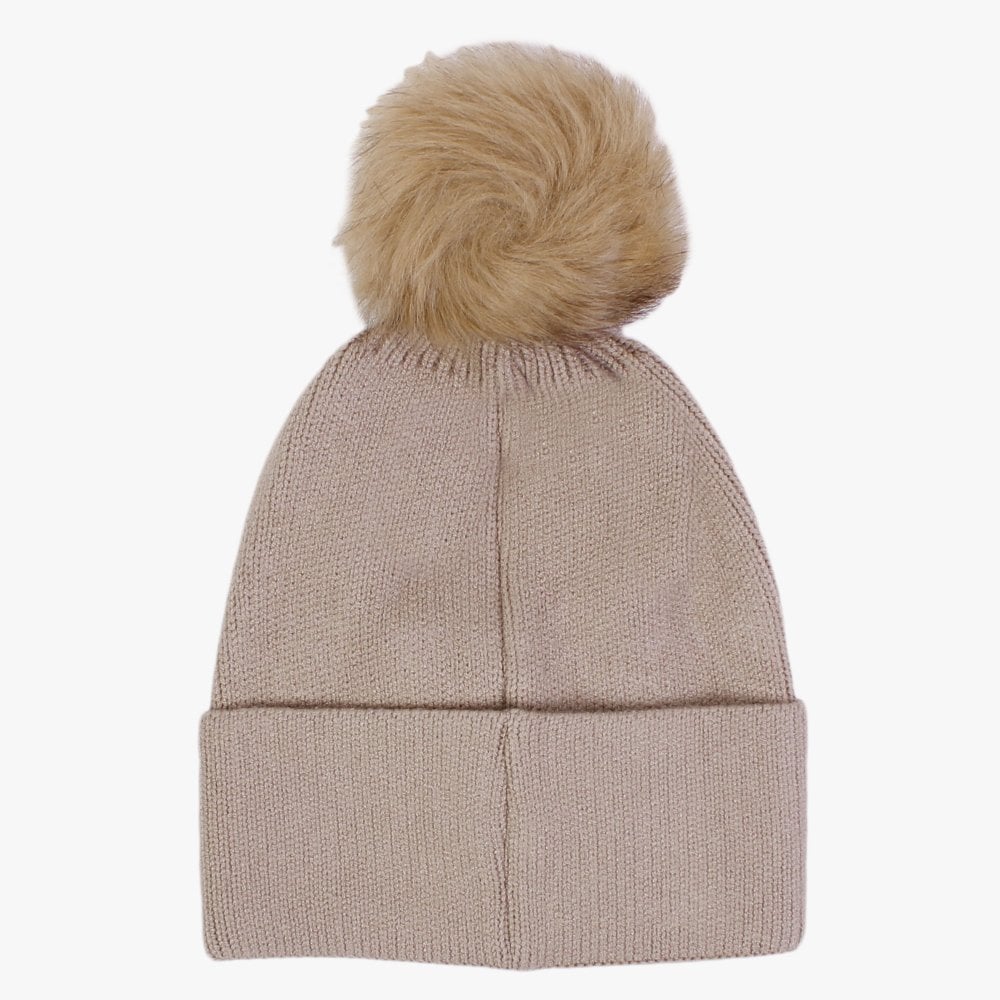 Taupe Knitted Embellished Pom Pom Hat