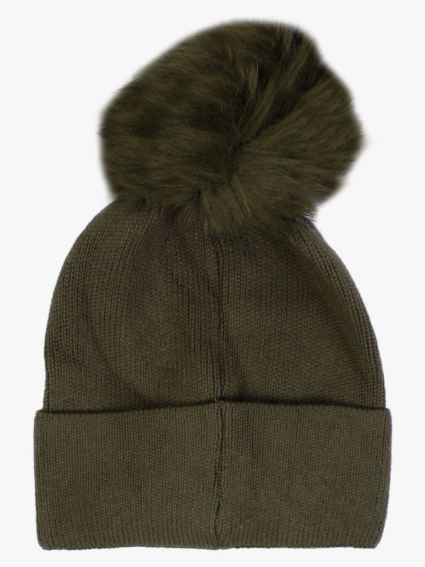 Khaki Knitted Embellished Pom Pom Hat