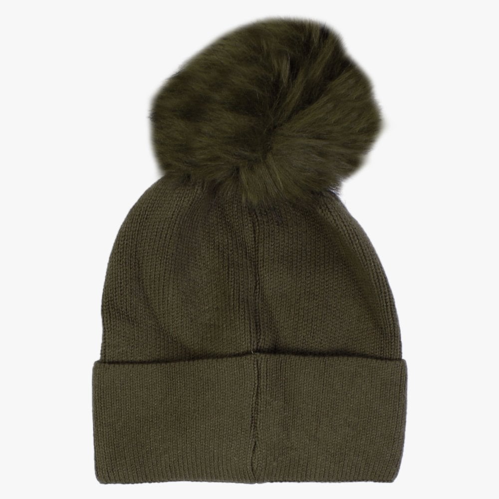 Khaki Knitted Embellished Pom Pom Hat