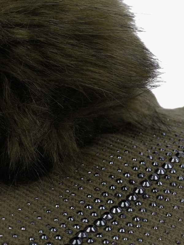 Khaki Knitted Embellished Pom Pom Hat