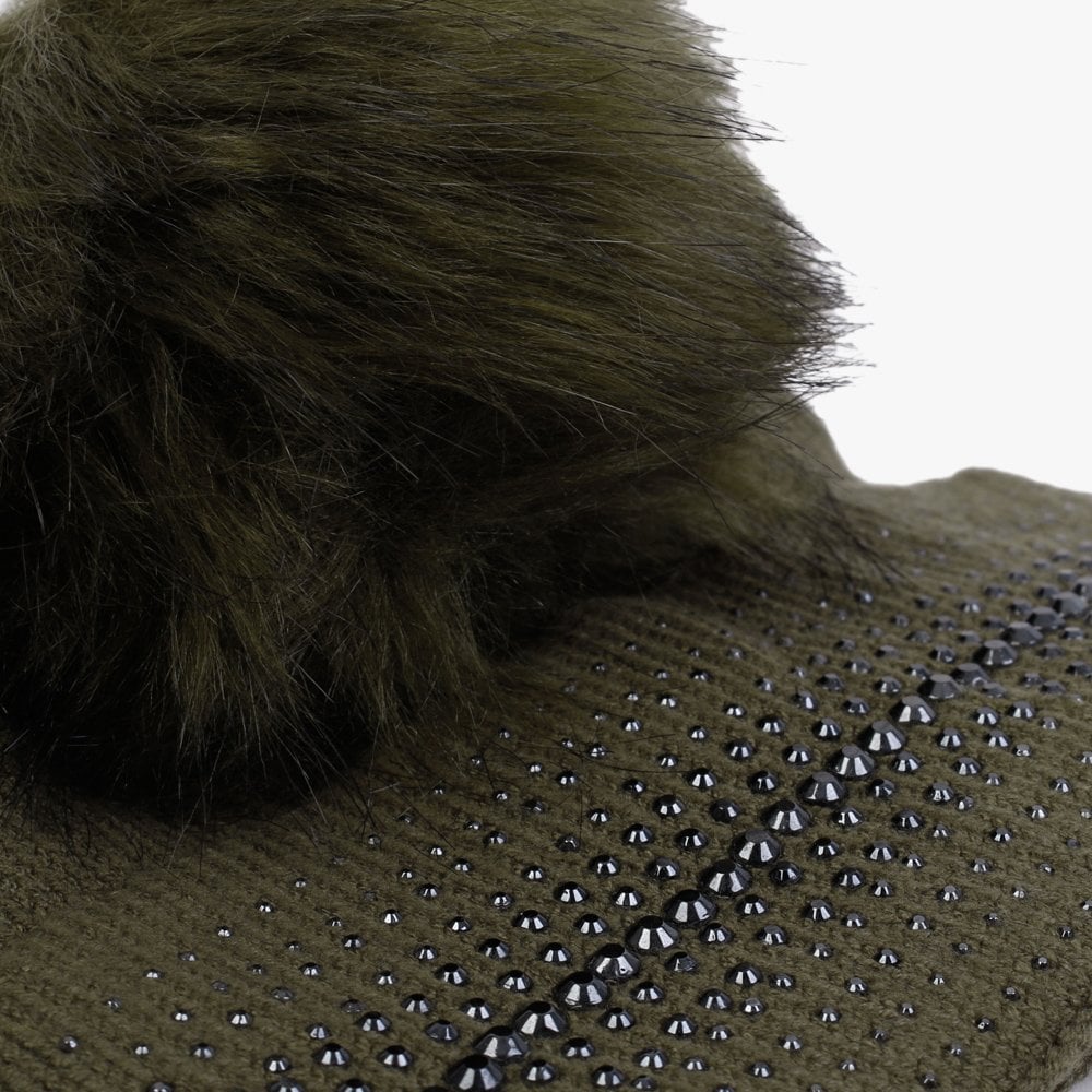 Khaki Knitted Embellished Pom Pom Hat