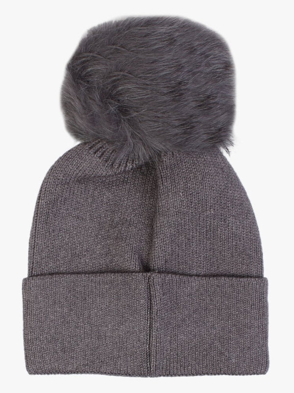 Grey Knitted Embellished Pom Pom Hat