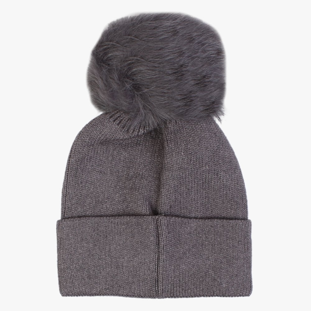 Grey Knitted Embellished Pom Pom Hat