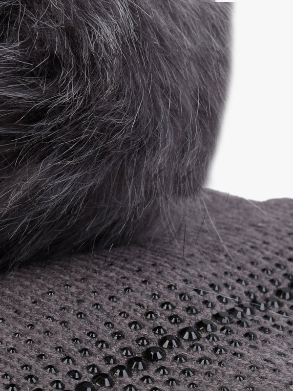 Grey Knitted Embellished Pom Pom Hat