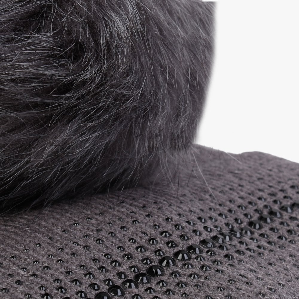 Grey Knitted Embellished Pom Pom Hat