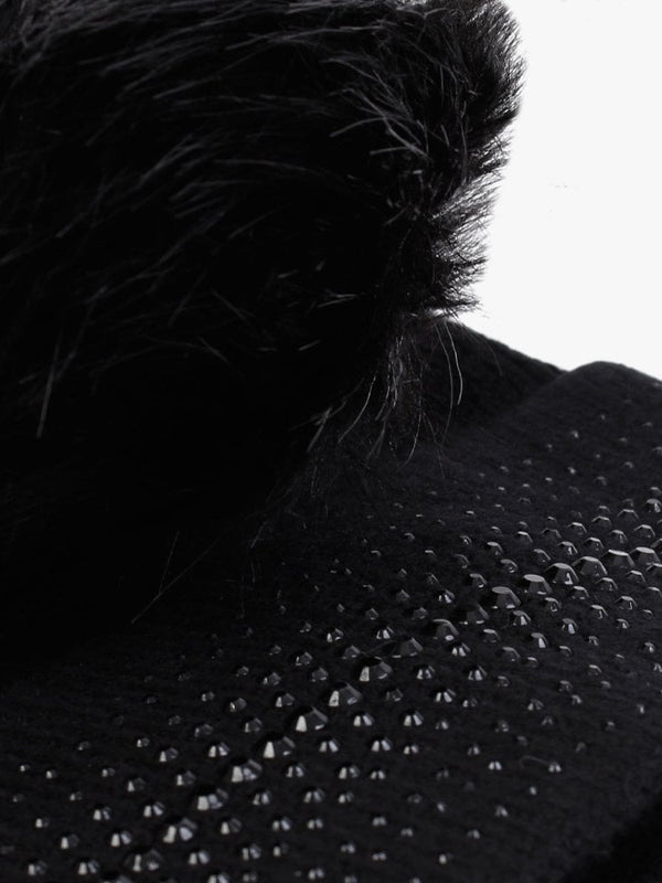 Black Knitted Embellished Pom Pom Hat