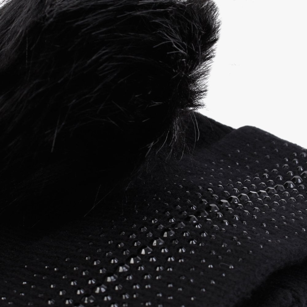 Black Knitted Embellished Pom Pom Hat