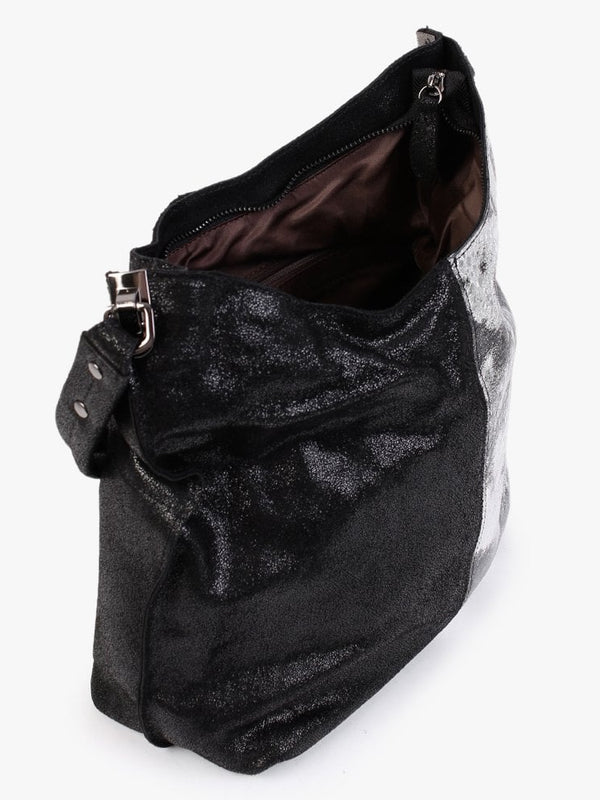 Silver & Black Leather Half & Half Shoulder Bag