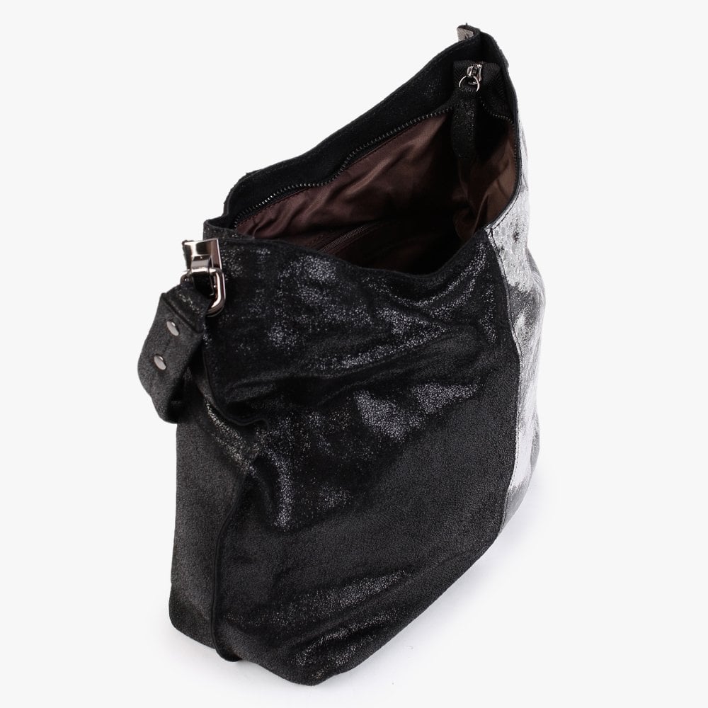 Silver & Black Leather Half & Half Shoulder Bag