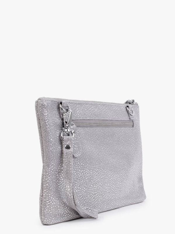 Silver Pebbled Metallic Leather Clutch Bag