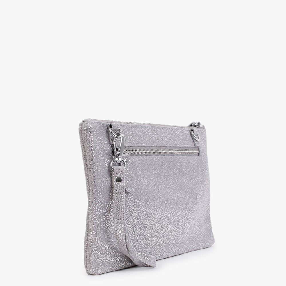 Silver Pebbled Metallic Leather Clutch Bag