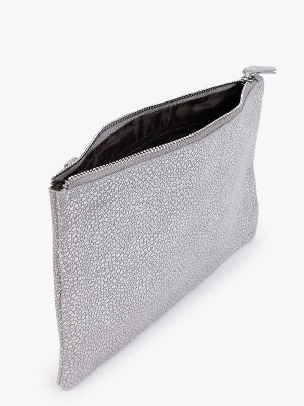 Silver Pebbled Metallic Leather Clutch Bag