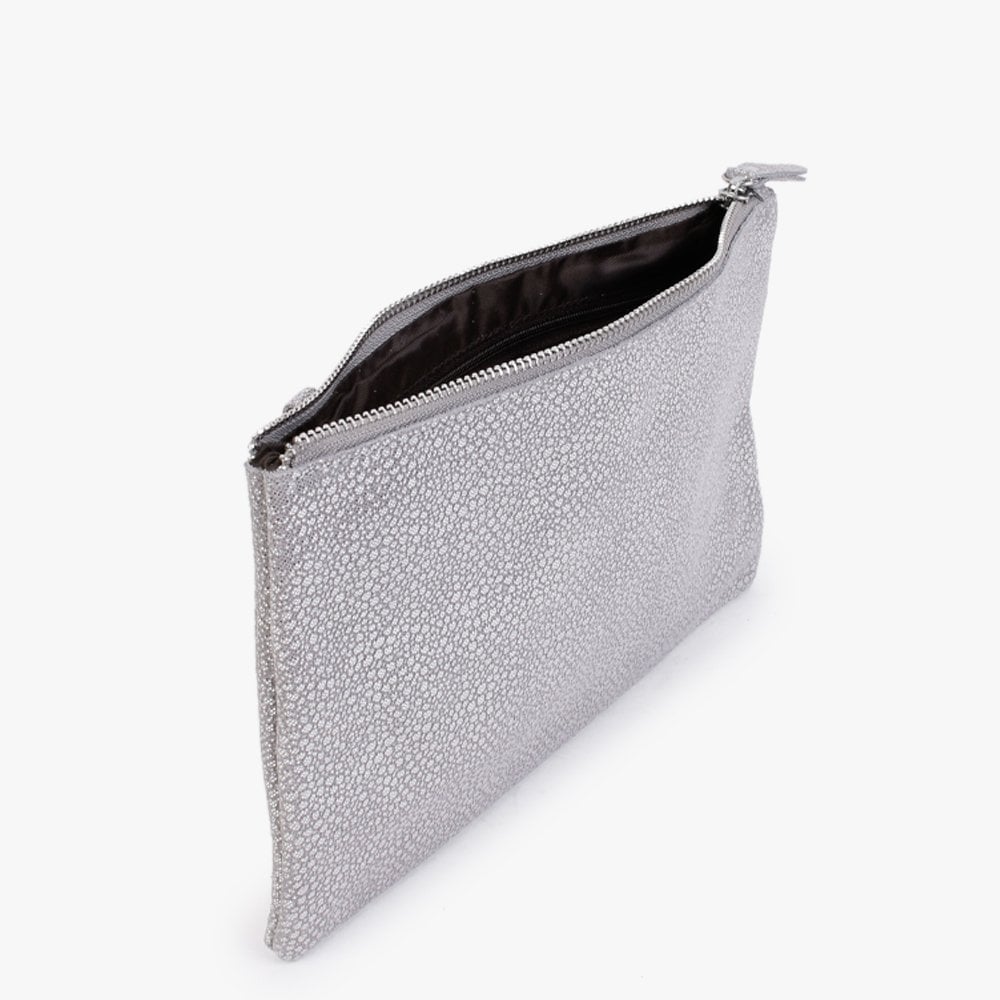 Silver Pebbled Metallic Leather Clutch Bag