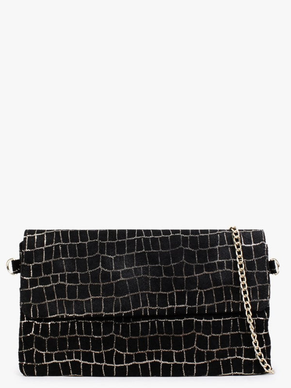 Black & Gold Leather Flap Over Clutch Bag