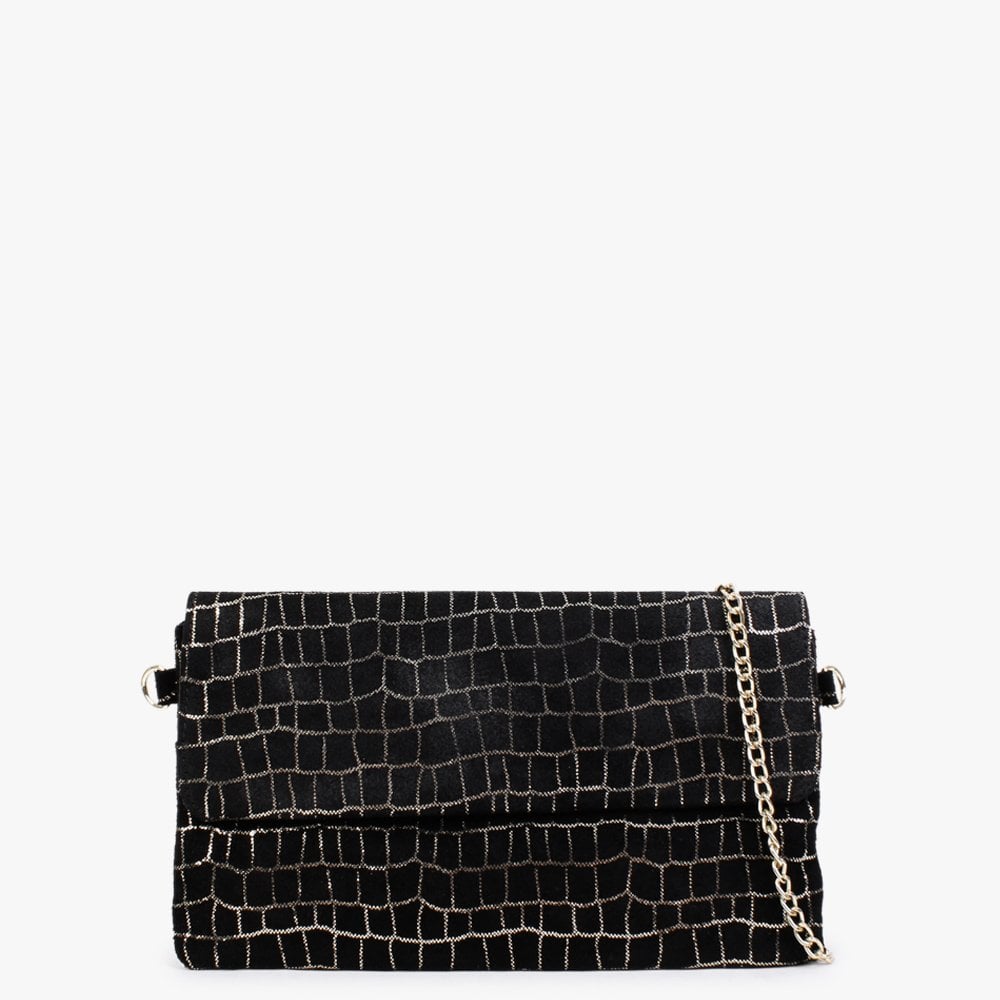 Black & Gold Leather Flap Over Clutch Bag