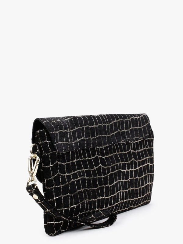 Black & Gold Leather Flap Over Clutch Bag
