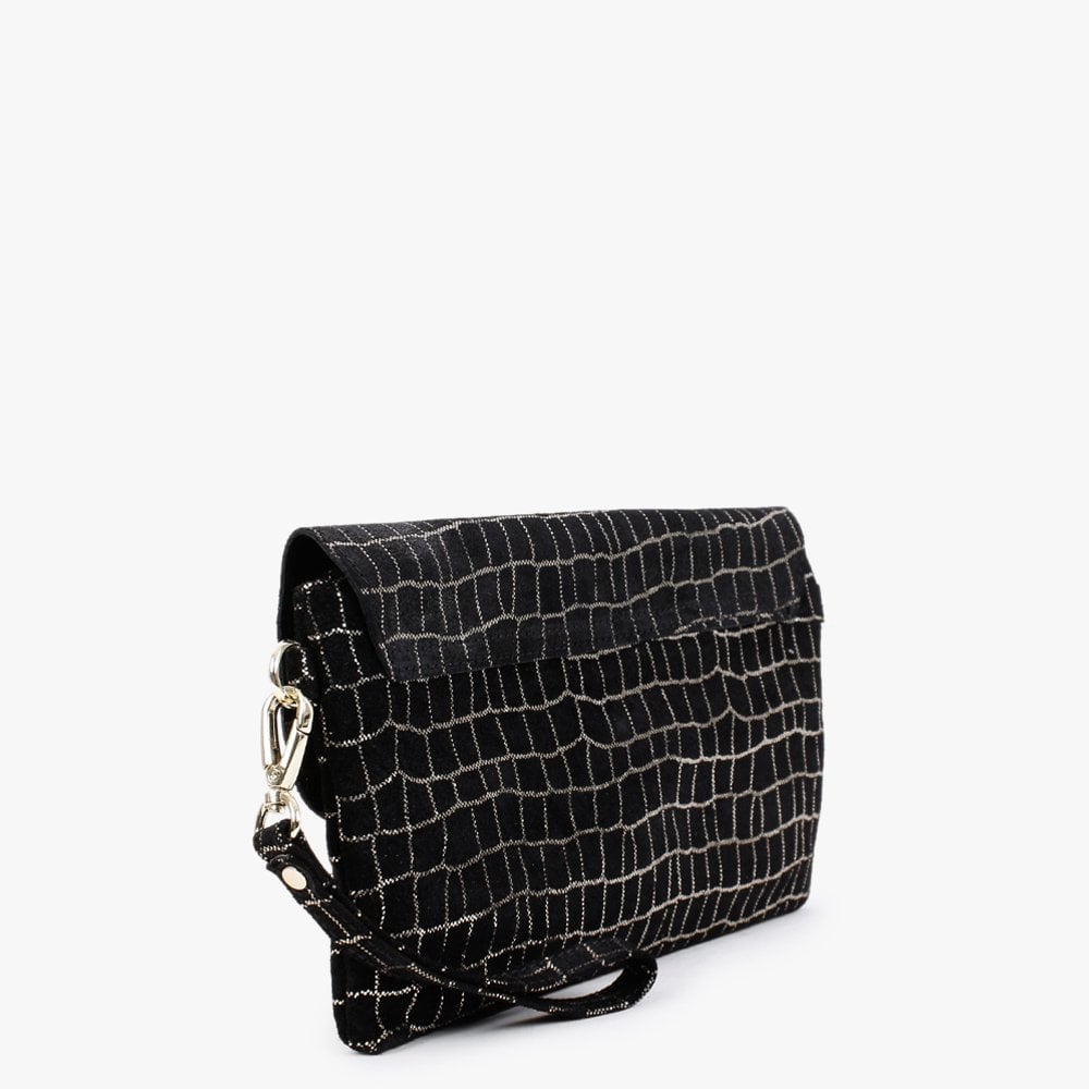 Black & Gold Leather Flap Over Clutch Bag