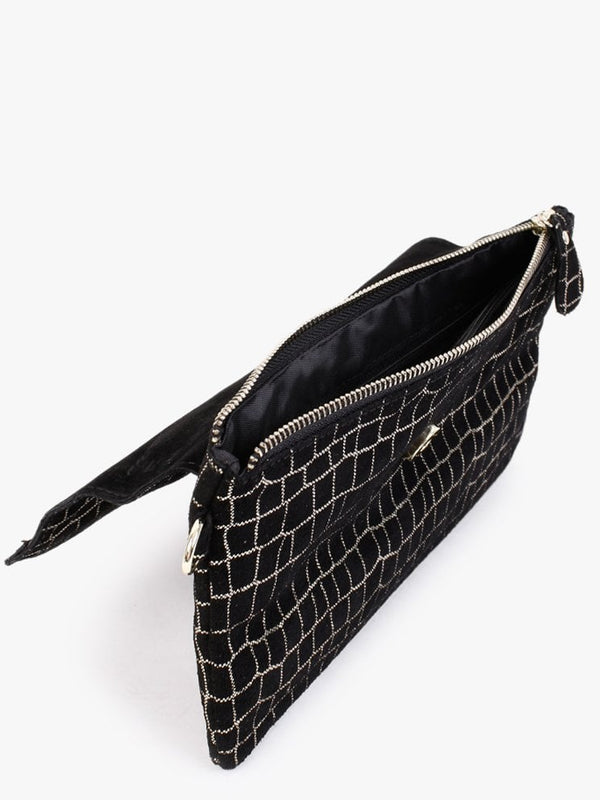 Black & Gold Leather Flap Over Clutch Bag
