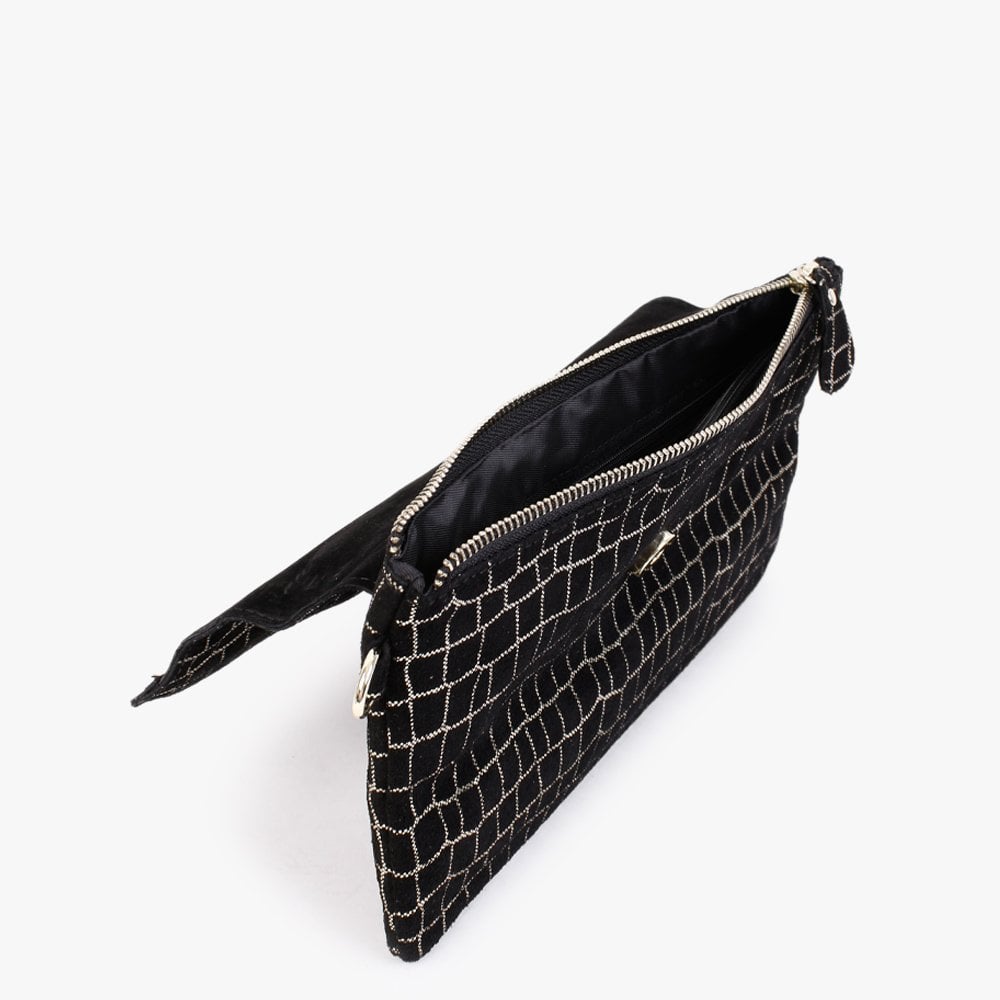 Black & Gold Leather Flap Over Clutch Bag