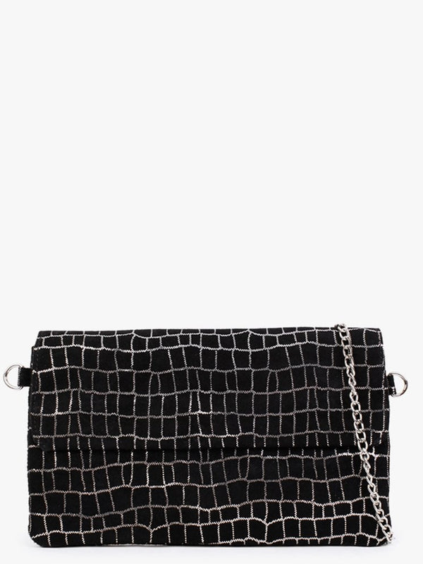 Black & Silver Leather Flap Over Clutch Bag