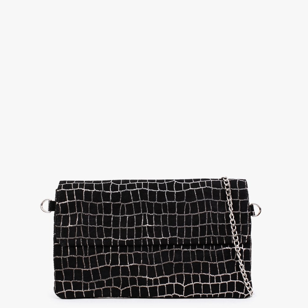Black & Silver Leather Flap Over Clutch Bag