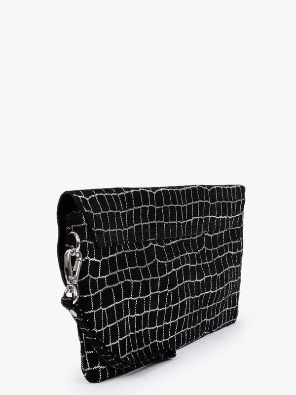 Black & Silver Leather Flap Over Clutch Bag