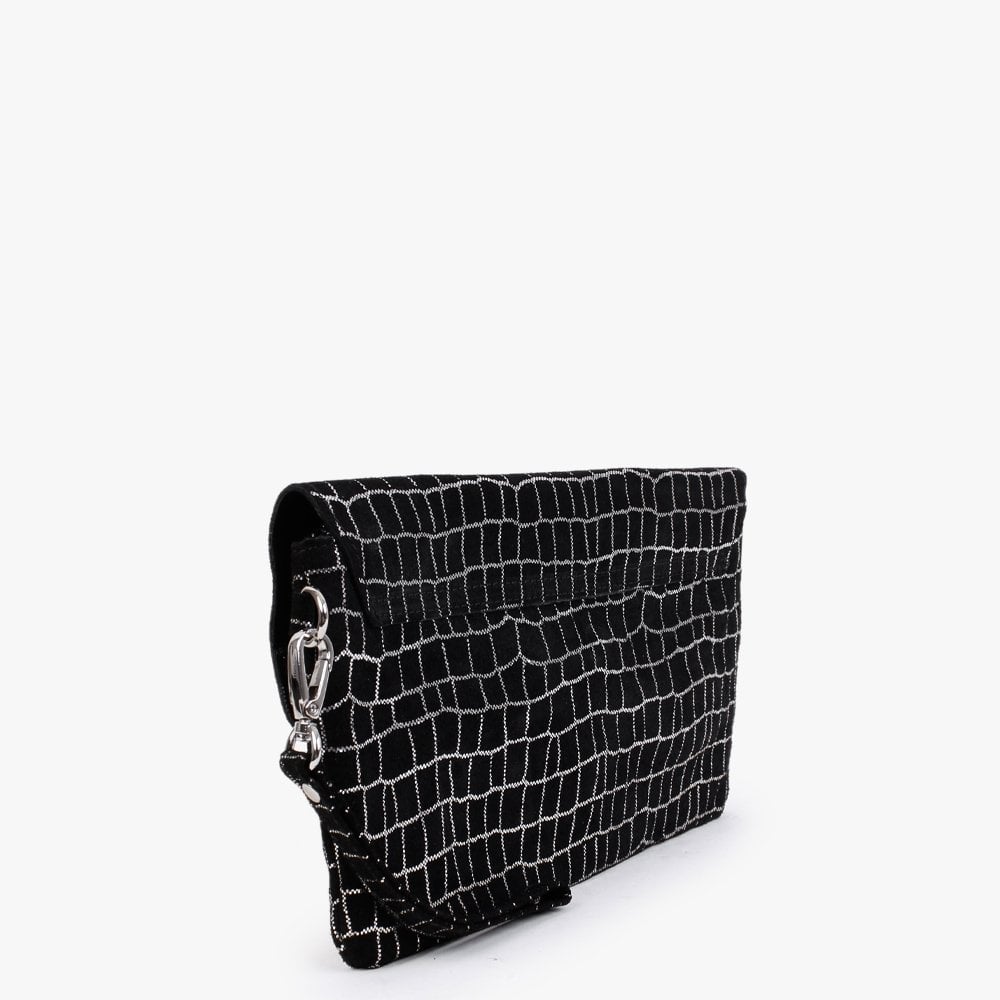 Black & Silver Leather Flap Over Clutch Bag