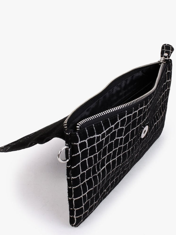 Black & Silver Leather Flap Over Clutch Bag