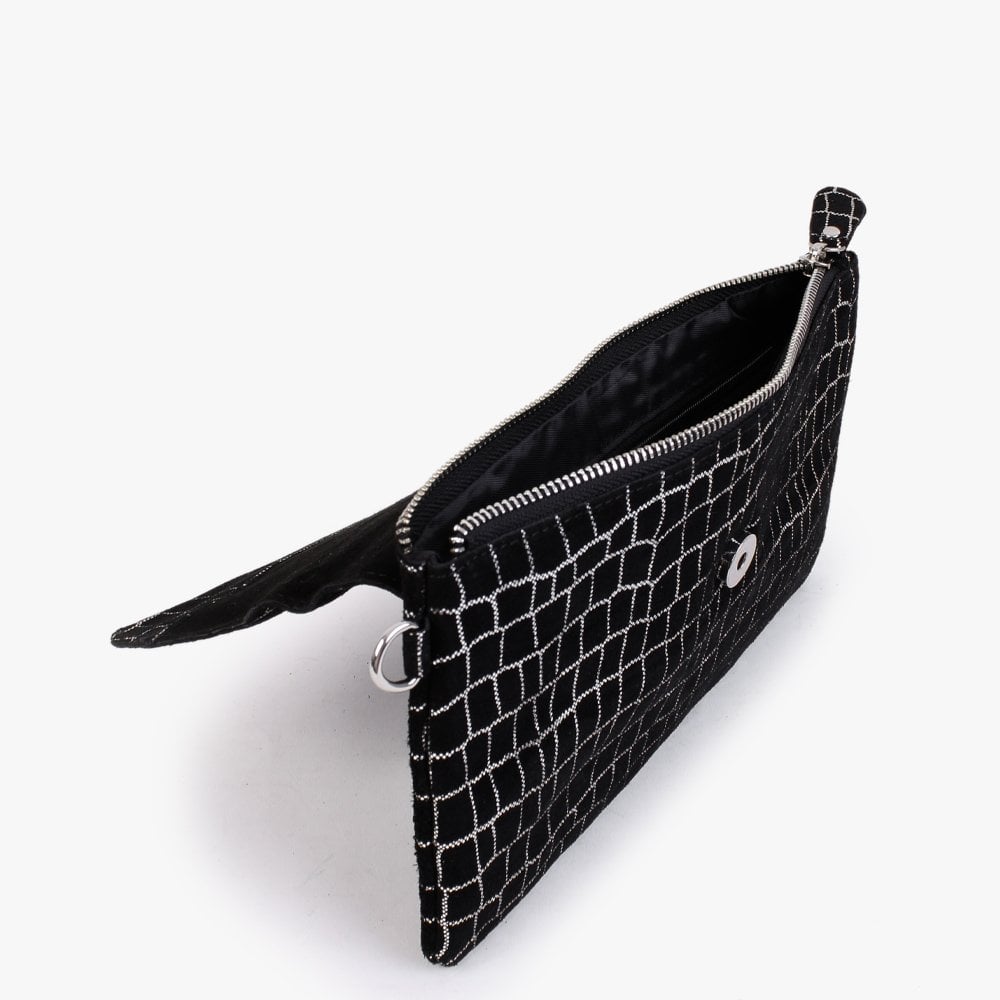 Black & Silver Leather Flap Over Clutch Bag