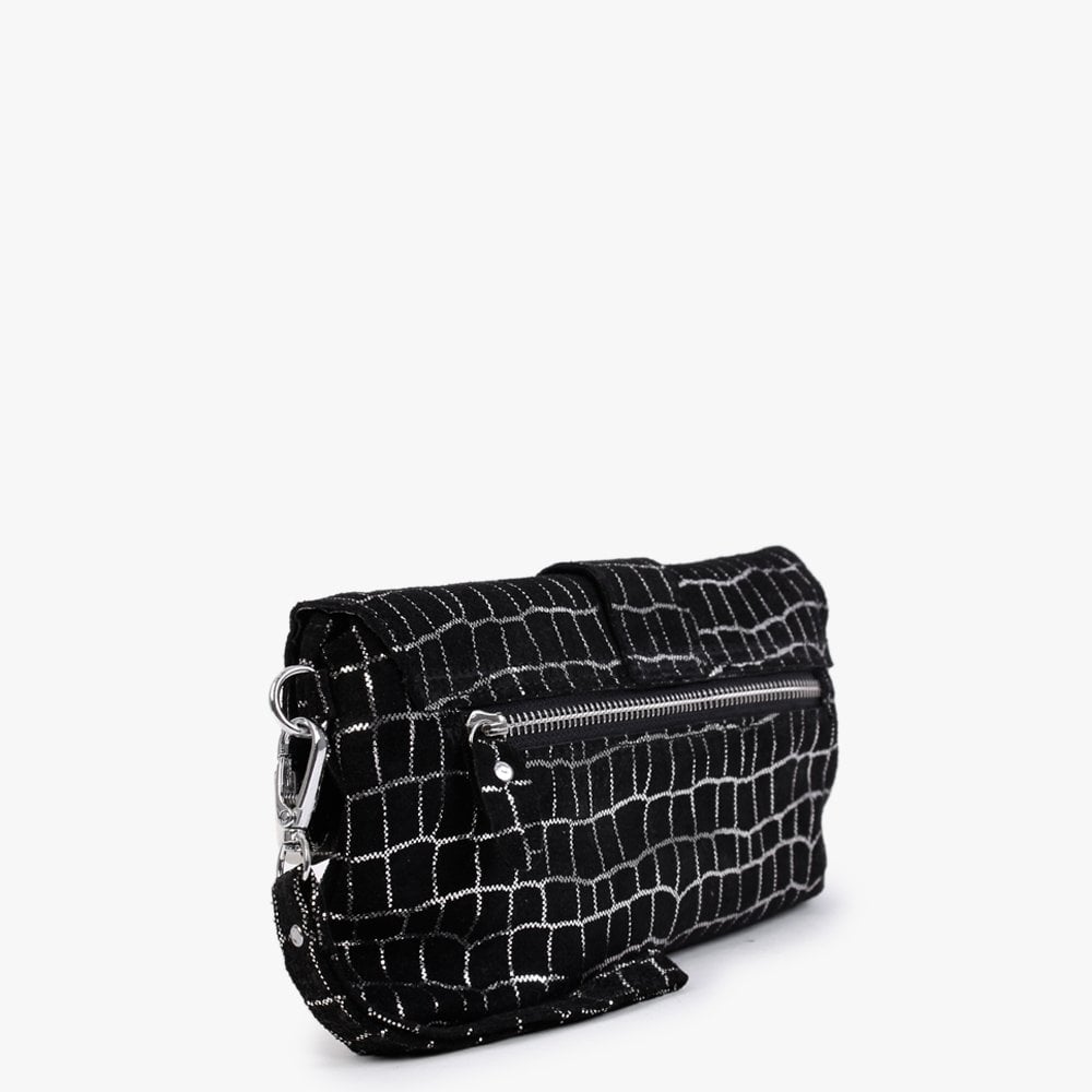 Silver & Black Metallic Leather Clutch Bag