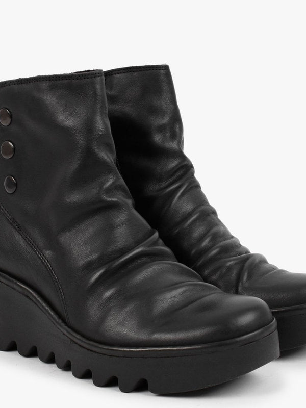 Brom Black Leather Wedge Ankle Boots