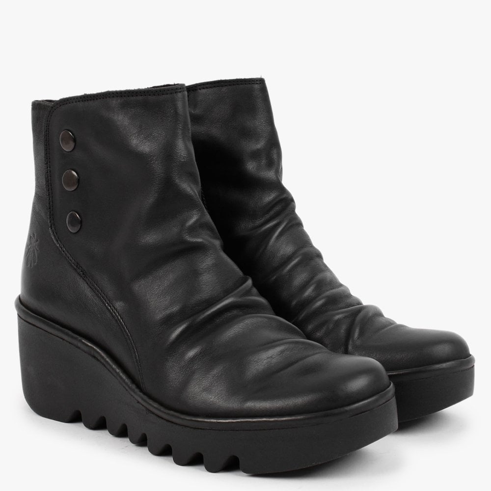 Brom Black Leather Wedge Ankle Boots