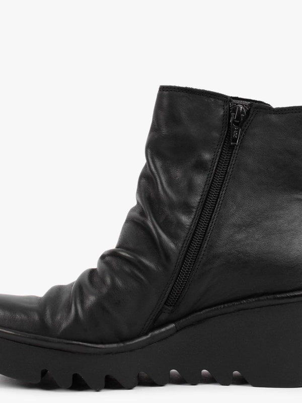 Brom Black Leather Wedge Ankle Boots