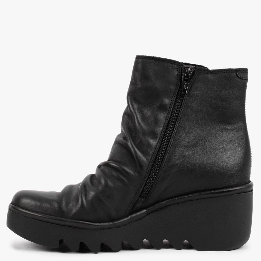 Brom Black Leather Wedge Ankle Boots