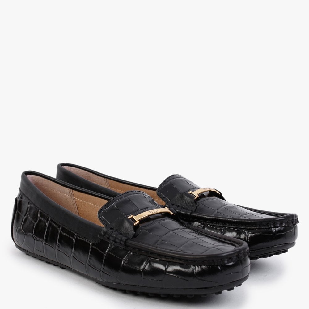 Briony Black Leather Moc Croc Loafers