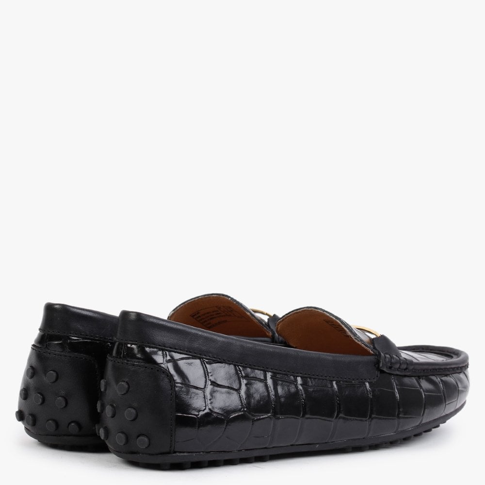 Briony Black Leather Moc Croc Loafers