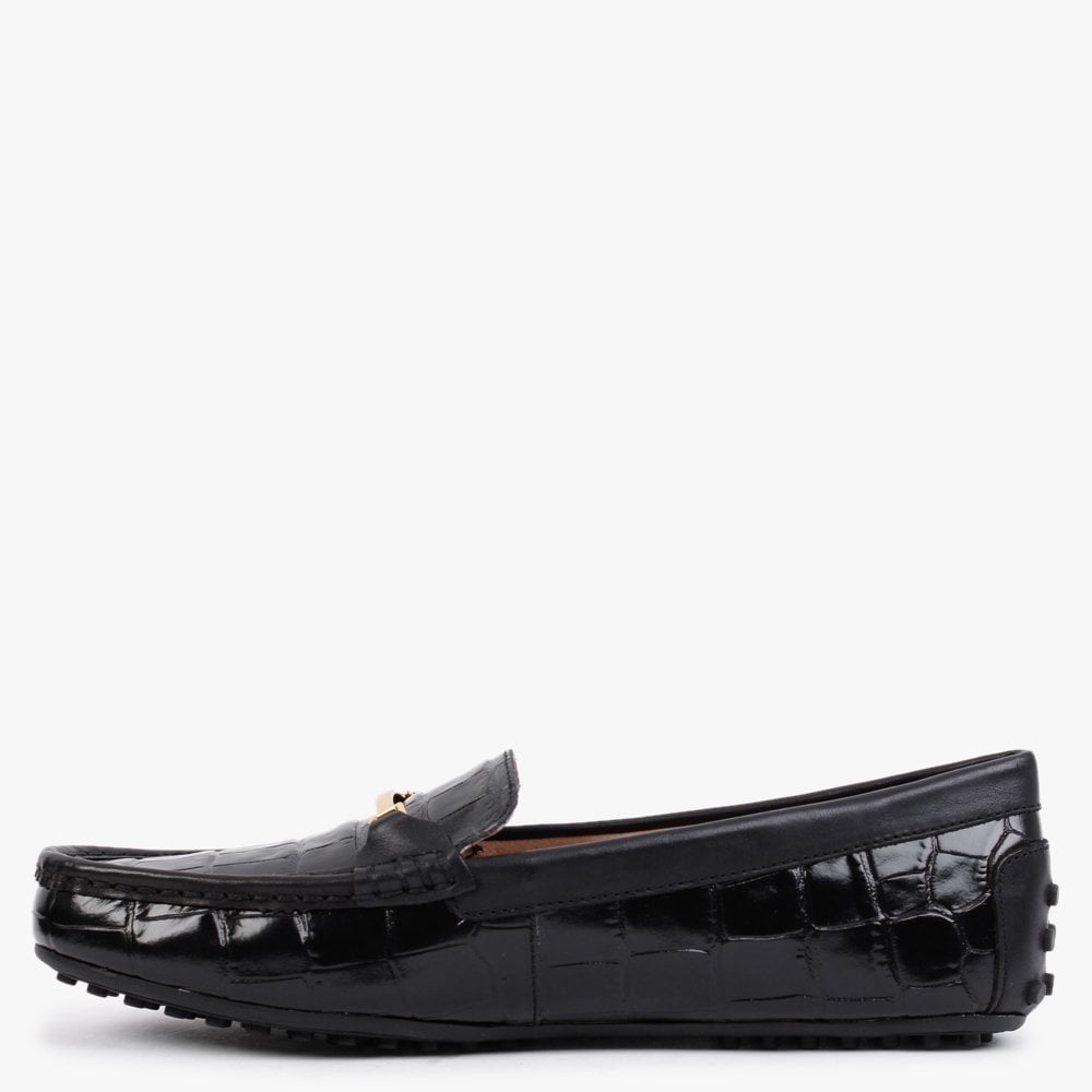 Briony Black Leather Moc Croc Loafers