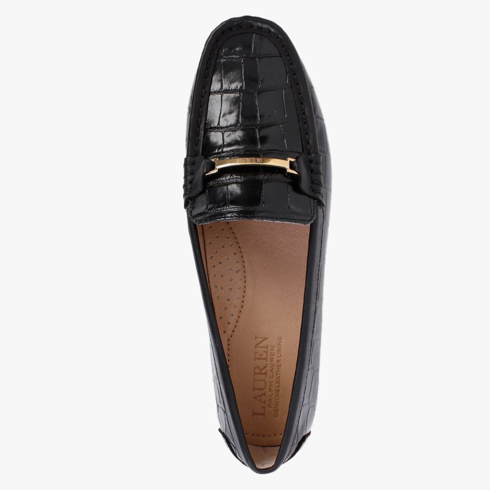 Briony Black Leather Moc Croc Loafers