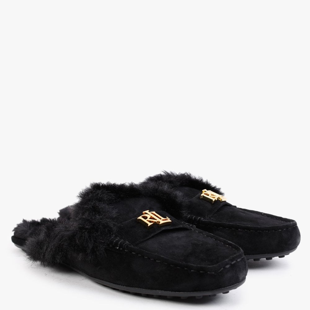 Savanah Black Suede Faux Fur Backless Mules