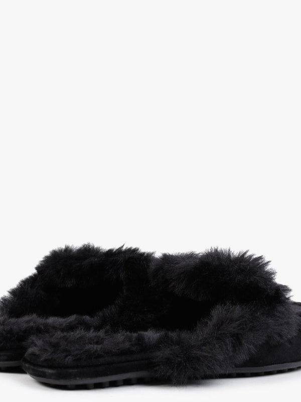 Savanah Black Suede Faux Fur Backless Mules