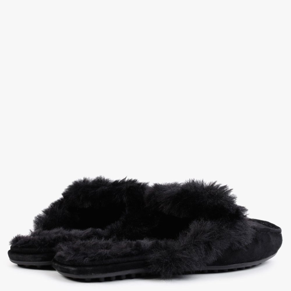 Savanah Black Suede Faux Fur Backless Mules