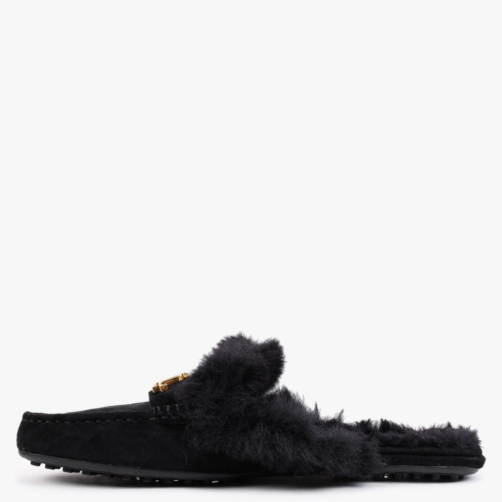 Savanah Black Suede Faux Fur Backless Mules