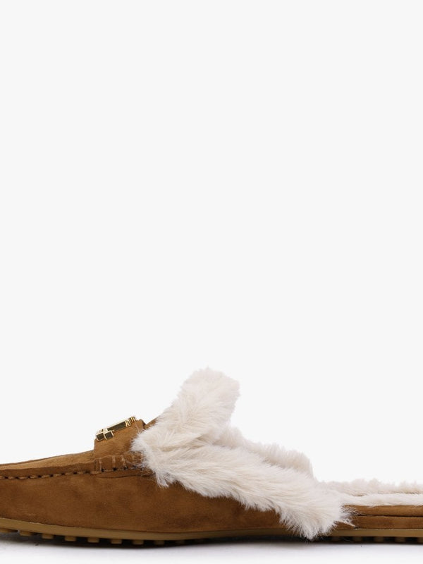 Savanah Whiskey Suede Faux Fur Backless Mules