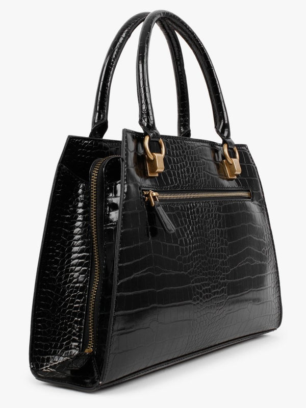 Stephi Black Moc Croc Gold Hardware Satchel Bag